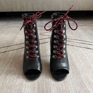 Black Peep-Toe Ankle Boots with Red Laces